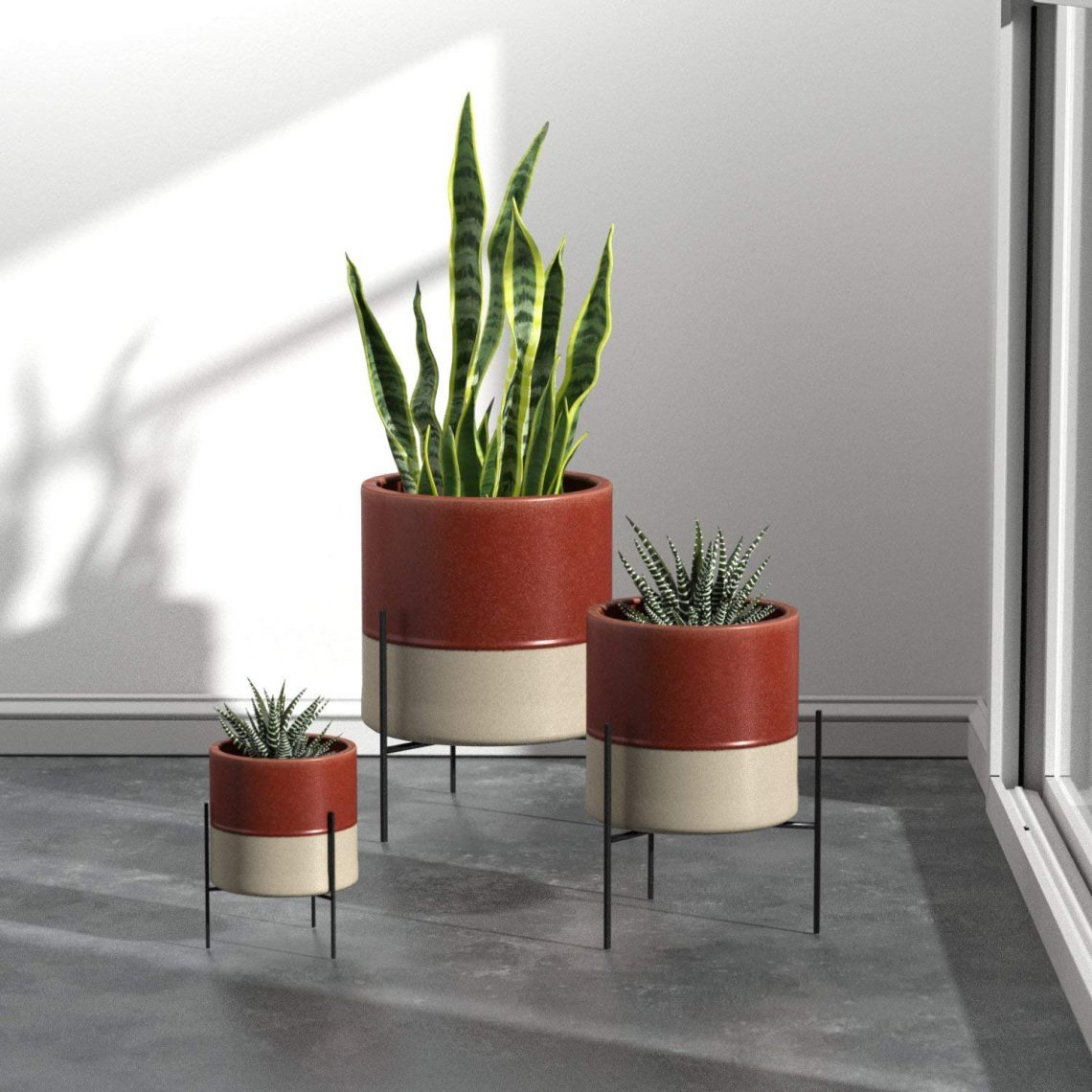 Rivet MidCentury Ceramic Planter with Stand, 17" H, Salmon Color